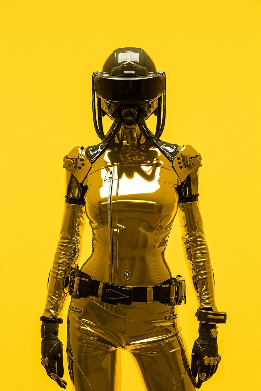 Dystopian symmetrical, female humanoid, pipes running on champagne, cyberpunk, yellow, technology, Paco Rabanne, Aitor Throup, cinematic scene, hyper realistic, photography