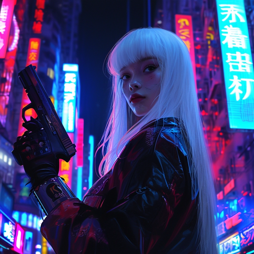 An 18-year-old girl with a beauty that could stop traffic stood in the middle of a massive cyberpunk city, her long white hair was styled in a princess cut with bangs, and she held a gun in her hand, she looked tiny and insignificant compared to the towering skyscrapers and neon lights that surrounded her
