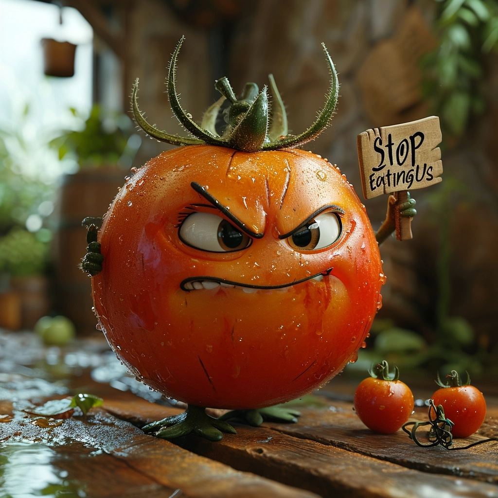 An angry tomato holding a sign "Stop Eating Us", simple background, in the pixar style