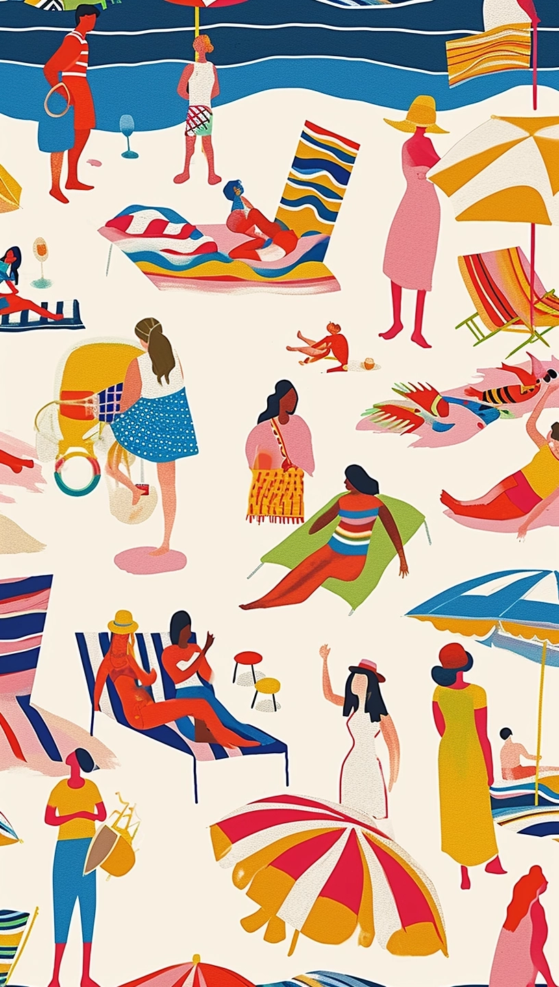 A set of colorful beach scenes with people on the beach, in the style of ferris plock, wallpaper, paul rand, wiesław wałkuski, nonrepresentational, bold lines, bright colors, use of fabric