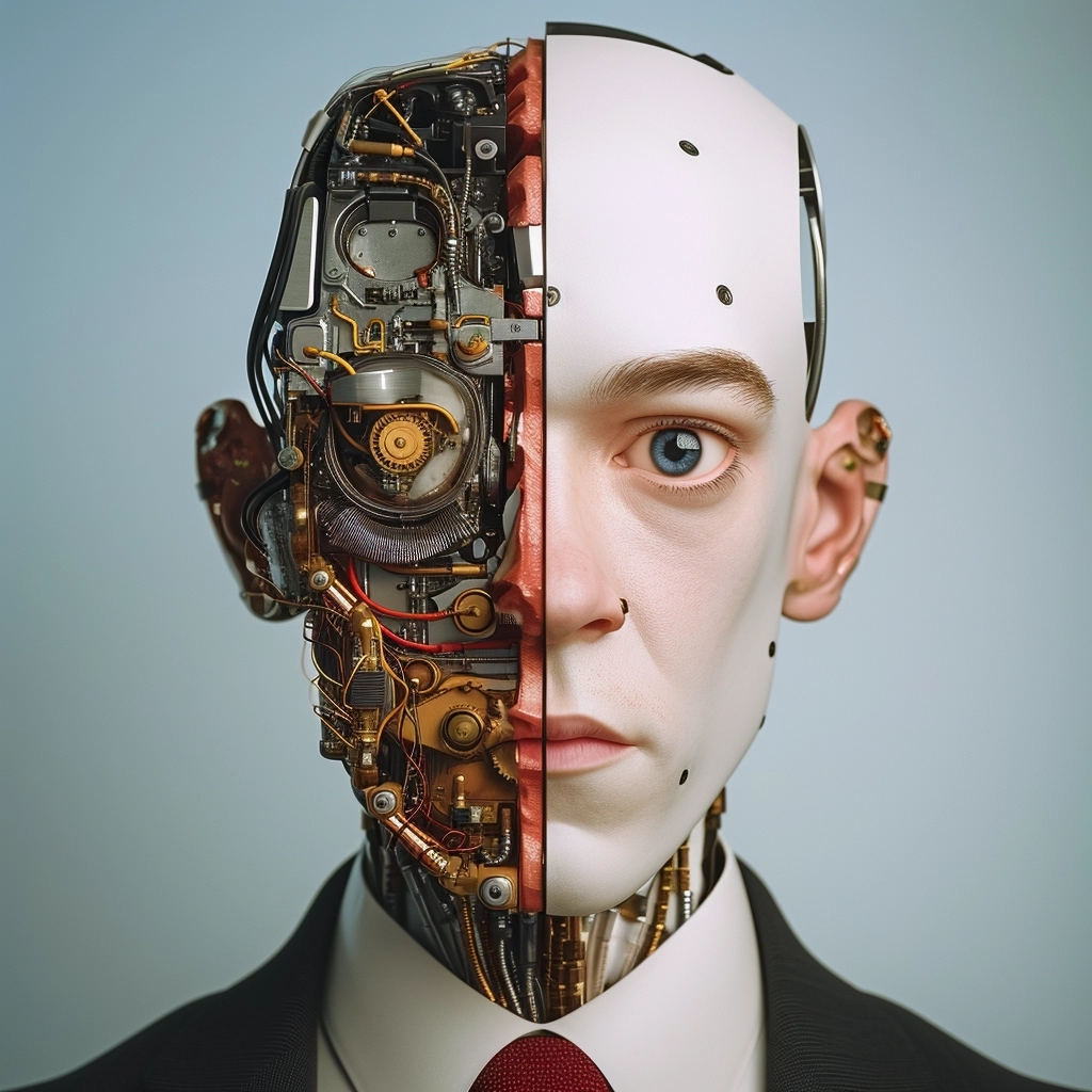 Stunning minimalistic avatar art: front view of the steampunk male humanoid & android face symbiosis, mechanical, electrical, bioengineering, wires, classic suit, tie, Vogue and Gucci style, minimalism photo, minimalistic, porosity, intricate details, rough texture, colorful top light, perfect crop, volumetric, super detailed, photorealistic, 35mm lens, cinematic lighting, film grain