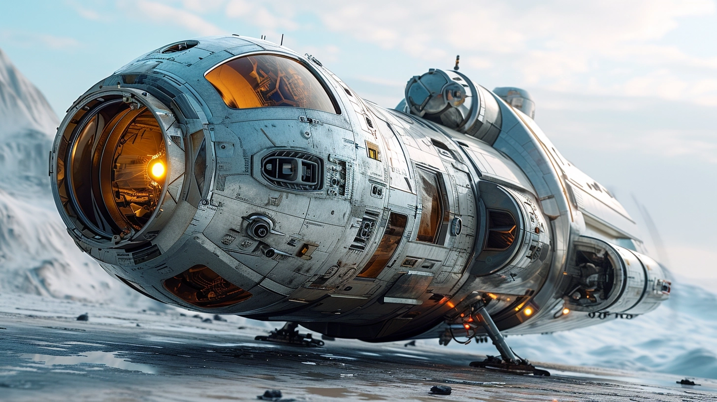 3d product rendering, 2050's, latest spacecraft, made of titanium material, full side view, in the space, industrial design, white background, 8k, high detail