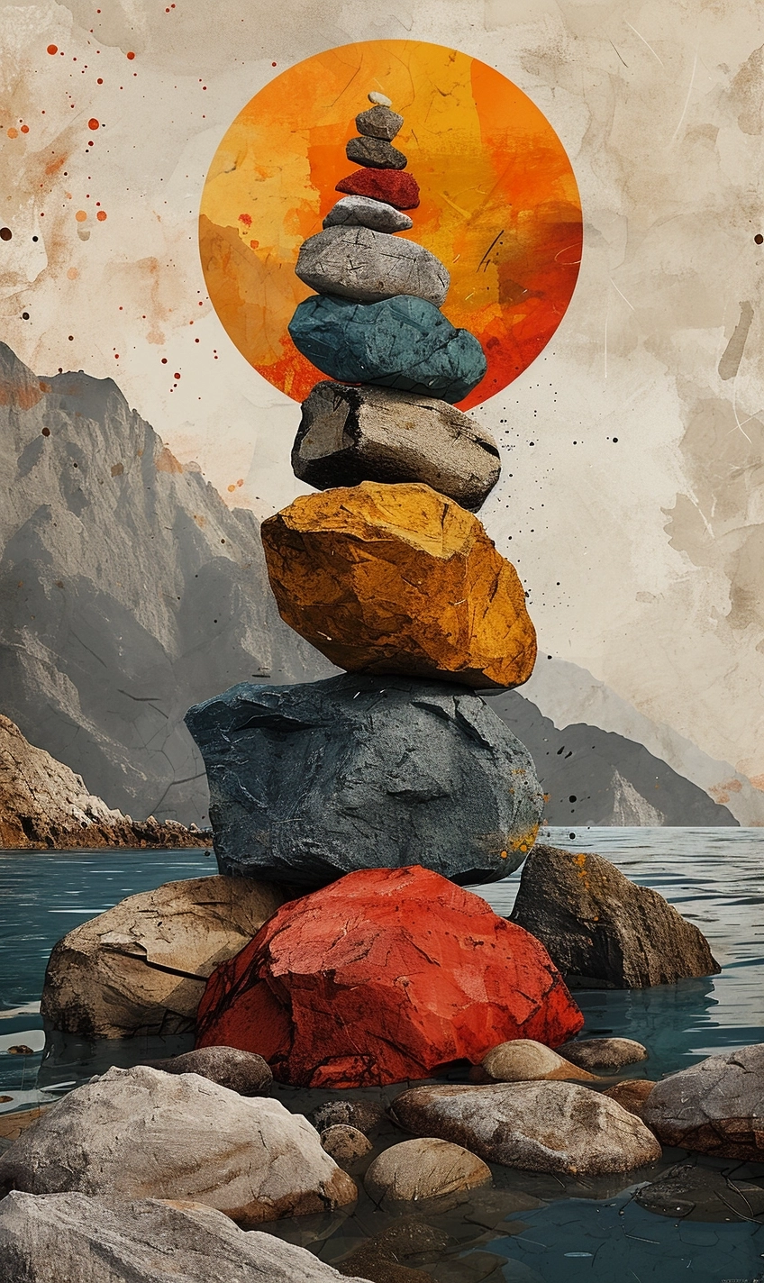 Postcard poster Design print Simple Botanical Watercolor Design Symmetrical Print, paul rand style, alan fletcher, incorporating natural shapes and forms, such as rocks and shore and beach, within the geometric composition. Add delicate textures or patterns to certain shapes, enhancing the tactile quality of the artwork, watercolor print, in the style of loretta lux, petros afshar, rounded forms, intricate, minimalism paper cut-outs