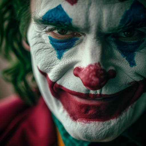 extreme closeup of joaquin phoenix as the joker from the movie the joker smiling and looking directly at the camera, focus on his eyes, depth of field, bokeh, studio lighting