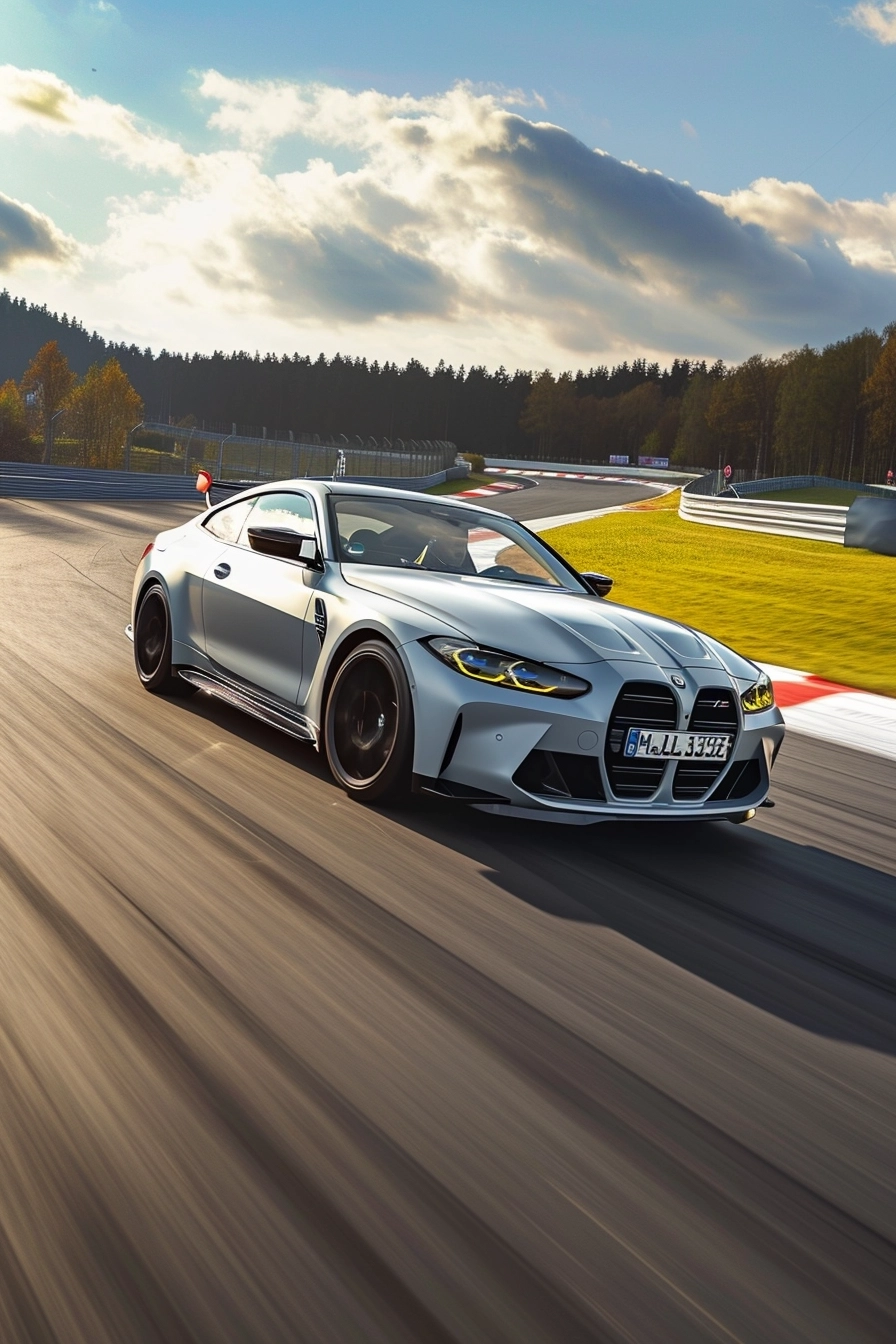 Gray 2023 M4 CSL speeding, in nurburgring circuit, travel poster art style, by Michal Lisowski,