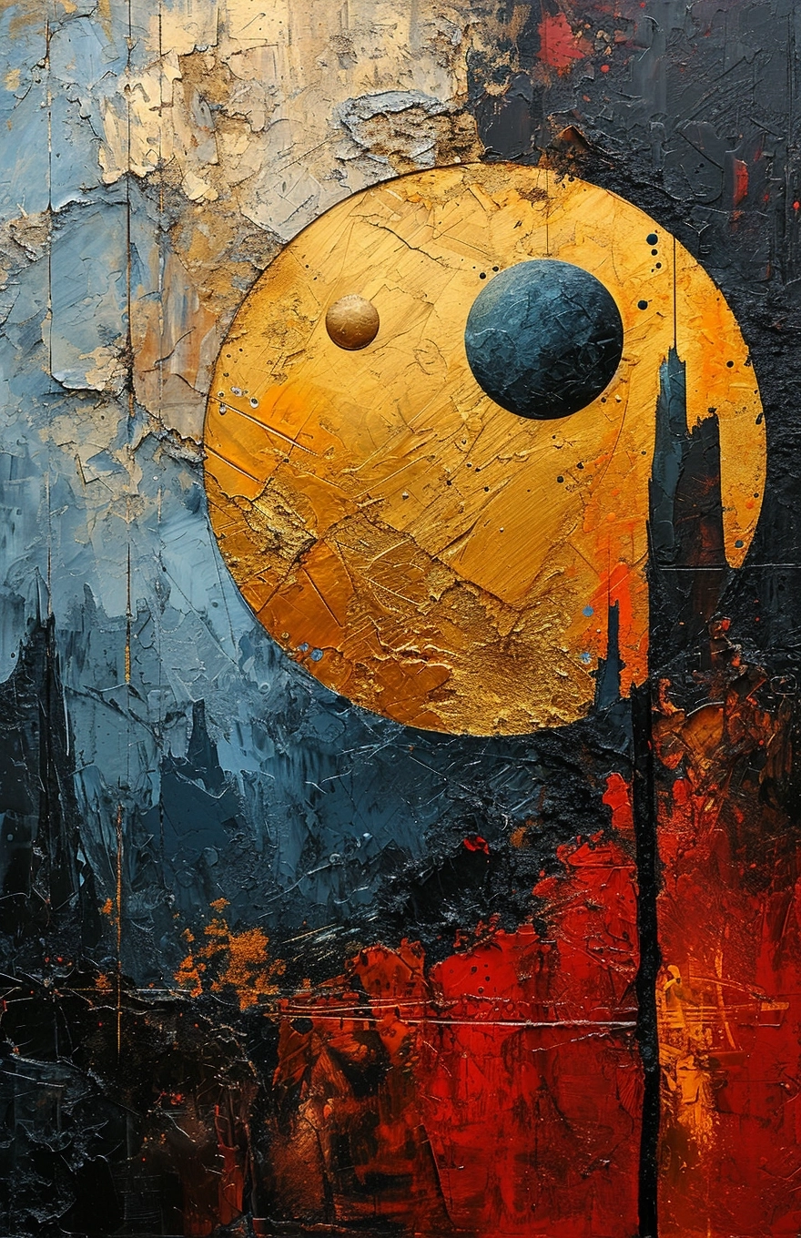 A painting with xanthic color scheme accents, in the style of whirly, soulages vantablack, expressive immediacy, iconic, painterly quality, Odin Allfather, textures gilded circles