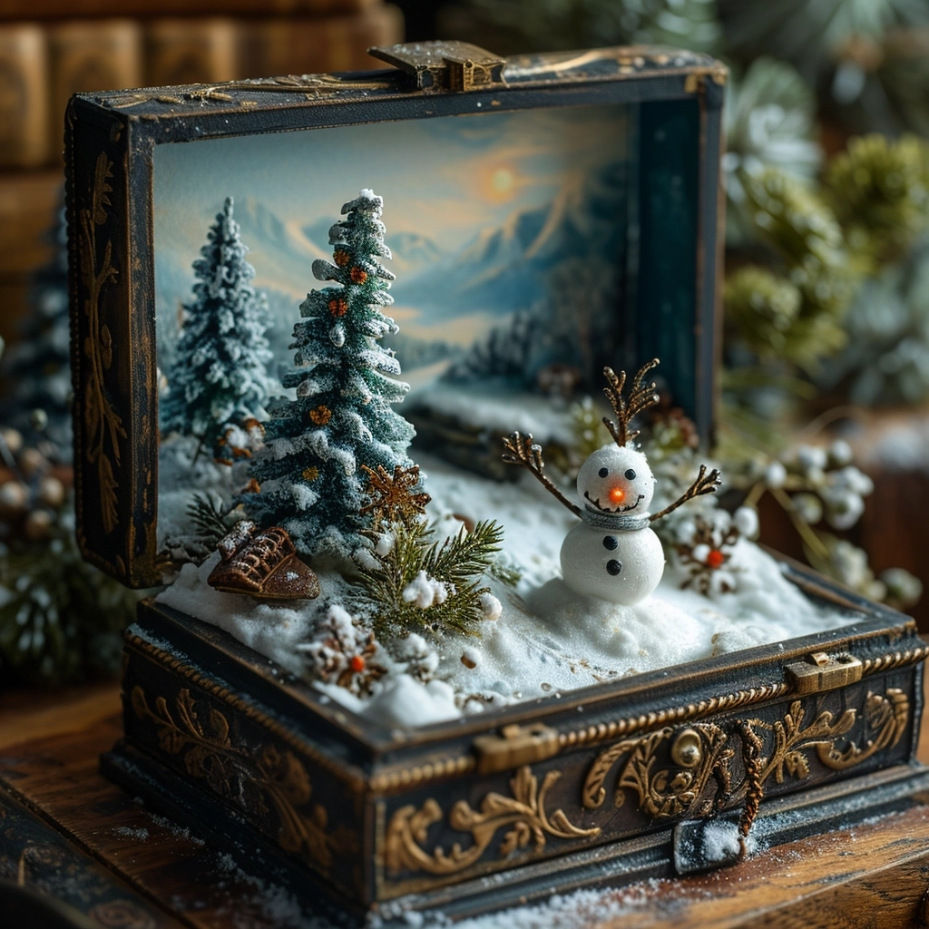 Miniature Faking, insanely detailed and intricate, hypermaximalist, elegant, ornate, hyper realistic, super detailed, A nostalgic snowy landscape with olaf the snowman and snowy trees is in a small, open, beautifully decorated music box, high resolution, high quality, superart, masterpiece, very original, extraordinary