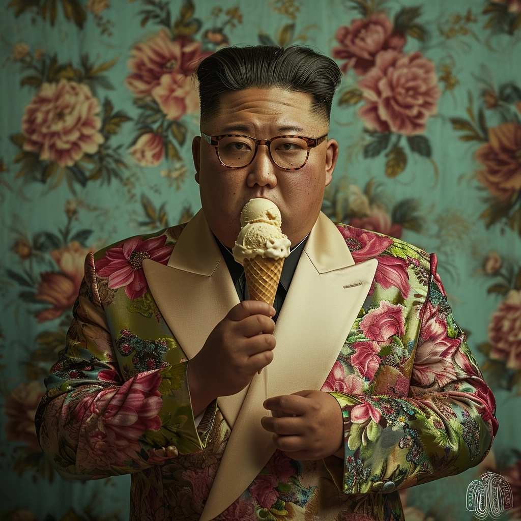Editorial photograph wide angle view in the style of wes anderson of Kim Jong Un wearing flamboyant colorful tuxedo, eating 3 scoops of vanilla ice cream in a cone dripping down on his hand in the style of wes anderson, wes anderson color palette 10:8