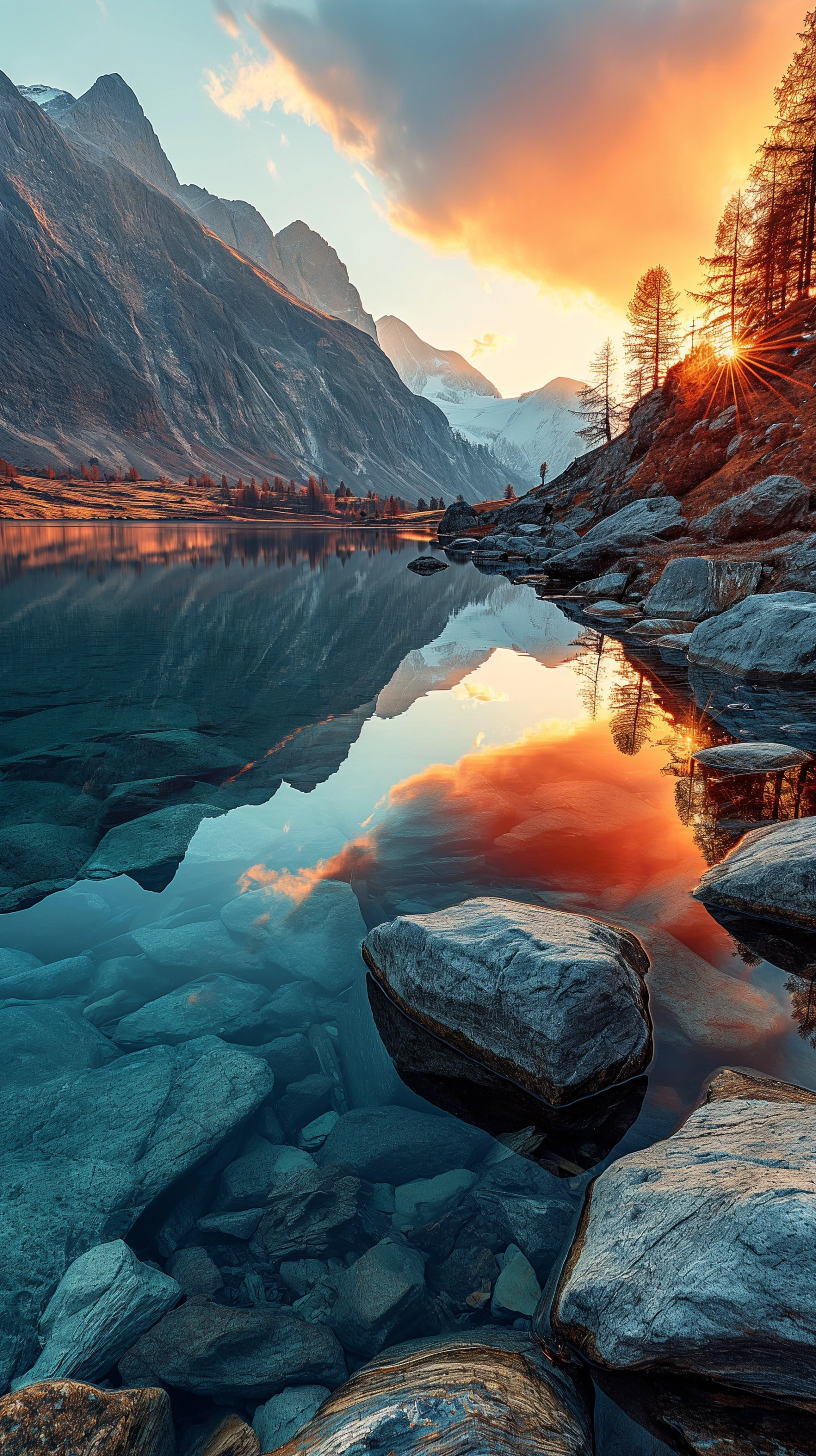 Majestic high rocky mountains with calm lake at the base, reflections, sunset