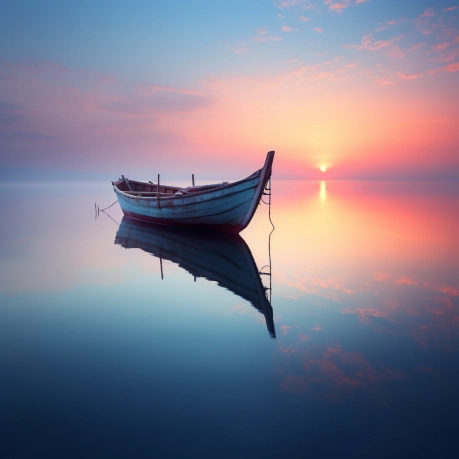A boat sitting on the water at sunset, in the style of dimitry roulland, light indigo and light amber, kahlil gibran, naturecore, janek sedlar, captures the essence of nature