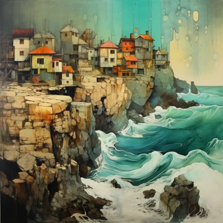 Pop Art, Coastal village on a rocky shore with waves, Warwick Goble, Heinrich Kley, 2nd Century Encaustic painting on Wood, decaying paint curling and cracked, surrealism hyperrealism