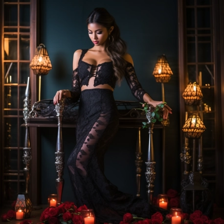 Full body athletic female, flirting model slow dancing, holding 4-poster bed, enticing pose, body-hugging off-shoulder mini, romantic suite with candles roses, Sony α7III camera, 35mm lens