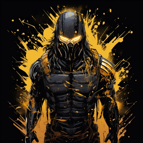 Gouache colors, splatter drippings, vector explosion, black light paint, a cyberpunk steampunk scorpion from mortal kombat, black and gold lacquered ninja armor