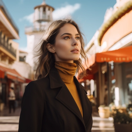 Canon EOS R5 elegant girl fashion model, mixed feeling of strong joy and confidence, in famous places of Palma de Mallorca, beautiful prestigious winter clothes Looks a little like Eva Green