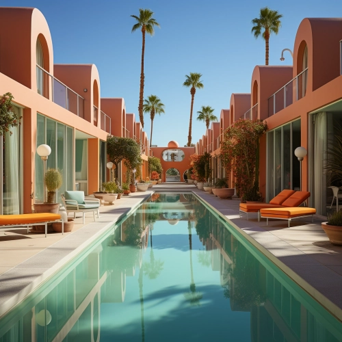 A luxus Wes Anderson style hotel, exterior, located in sunny Marrakesh, pastel color palette, orange and teal