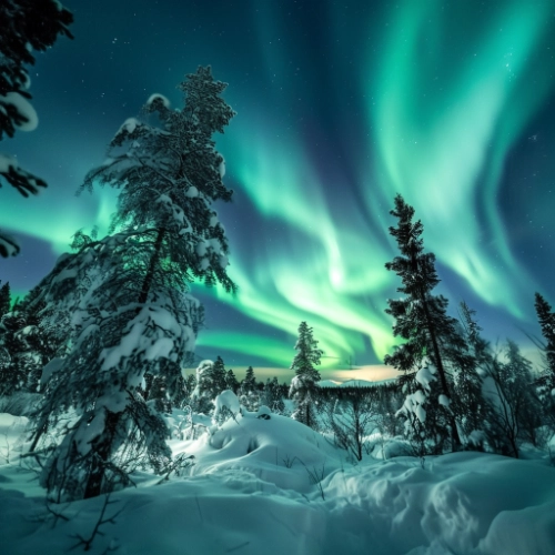the northern lights in the sky in the middle of winter in lapland