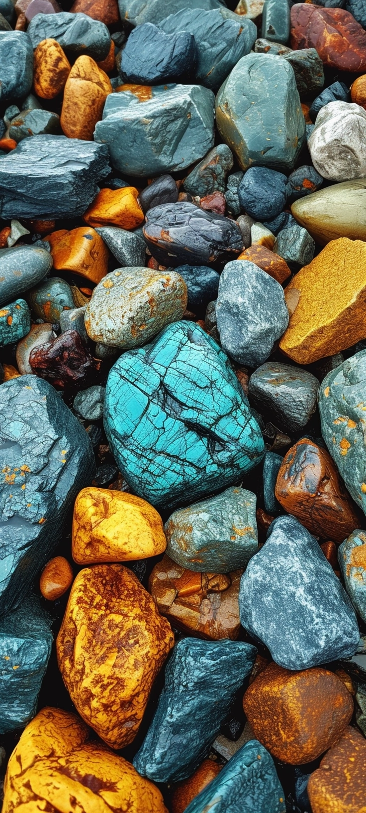 Stock photo graphic poster a stone wallpaper made from various colored gravel, in the style of dark turquoise and dark sky-blue, luminous 3d objects, animated gifs, colorful woodcarvings, metallic rectangles, brushstroke abstractions, maranao art
