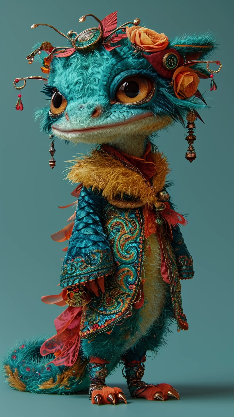 Very fuzzy feathery big-eyed steampunk Chinese dragon, wearing colorful sequin clothes inspired by bob mackie, a large fasinator hat, long paisley velvet fur lined coat, fancy painted nails, red lips and high heels, posing photorealistic 3D contour, light cyan background