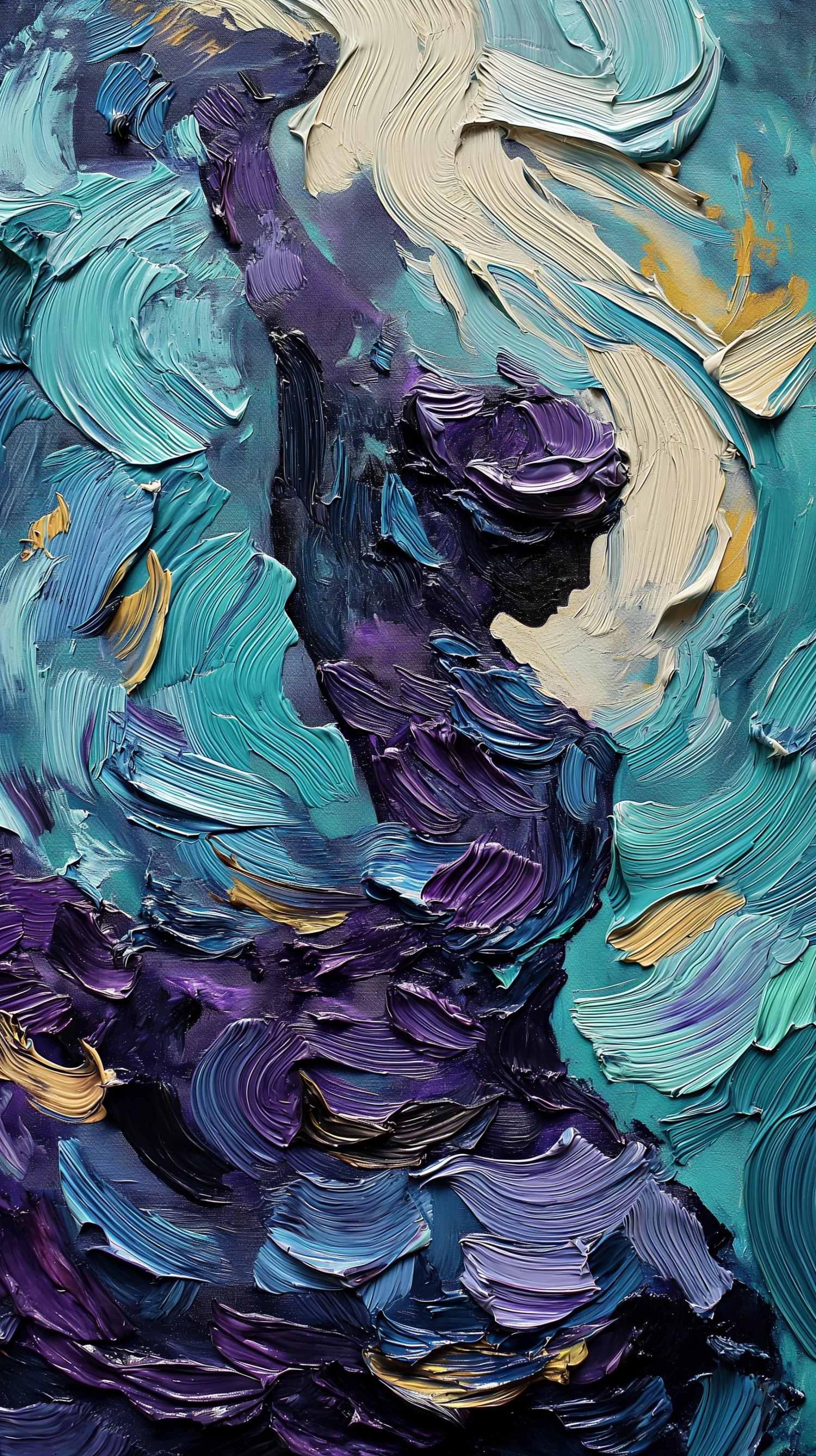 Impasto post impressionist skateboarding street art , Impasto oil painting with rich texture. A contorted body, inspired by expressionist themes, is set against swirling patterns. Deep violets, purples, viridian, and teals dominate the palette,