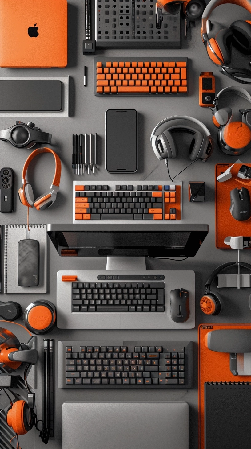 On a computer desk, various electronic products are neatly arranged, neat, clean, concise, with a silver orange combination, texture, three-dimensional art, high-end, top-down, tonal, 8K, and rich details