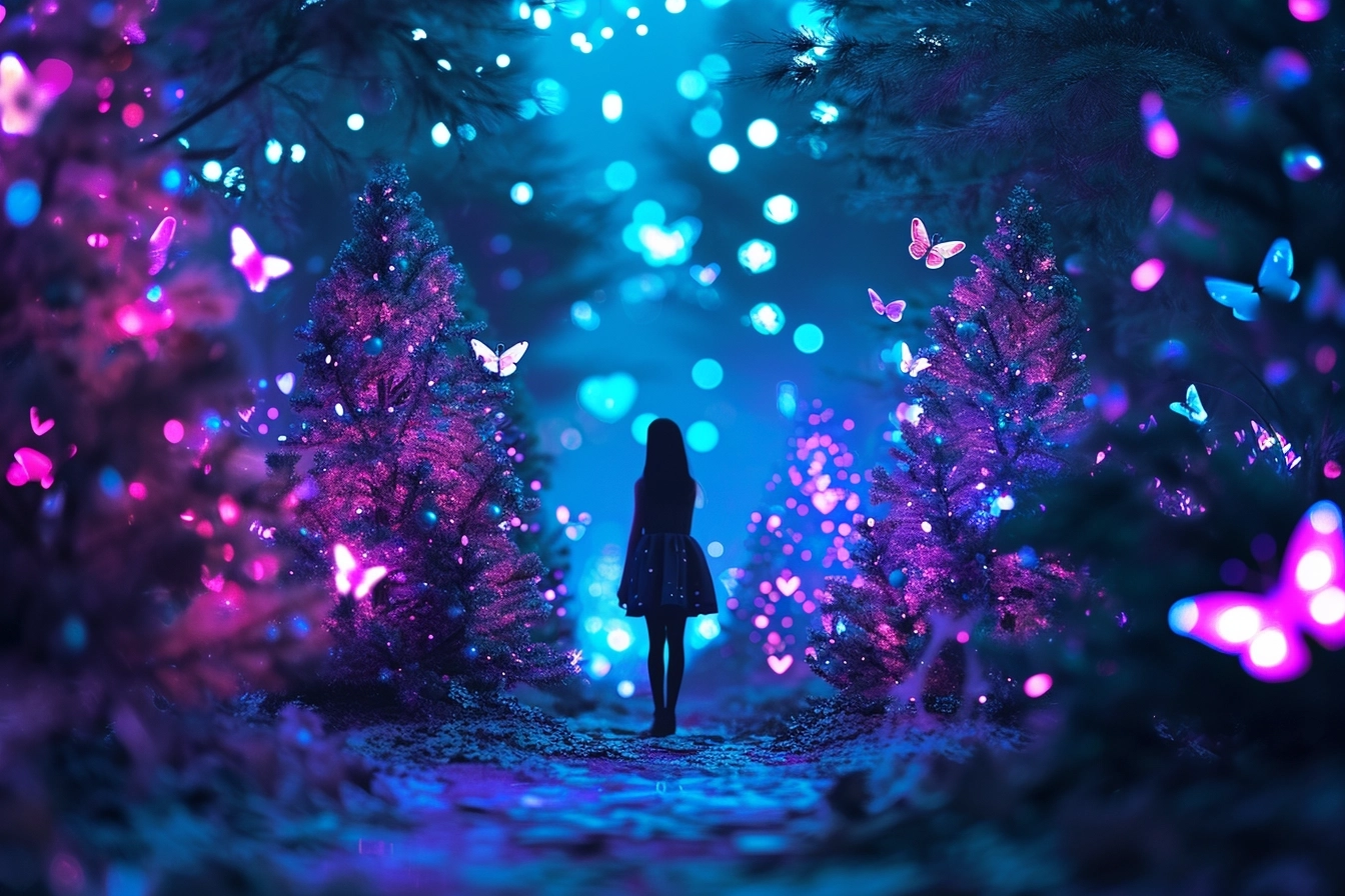 A sparkling world in neon colors of a blue shade, a thin girl stands in the center and neon butterflies circle around her, Christmas trees in neon decorations stand behind her