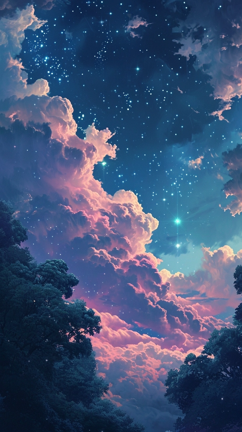 Stars and clouds in the sky, in the style of anime aesthetic, dark pink and sky-blue