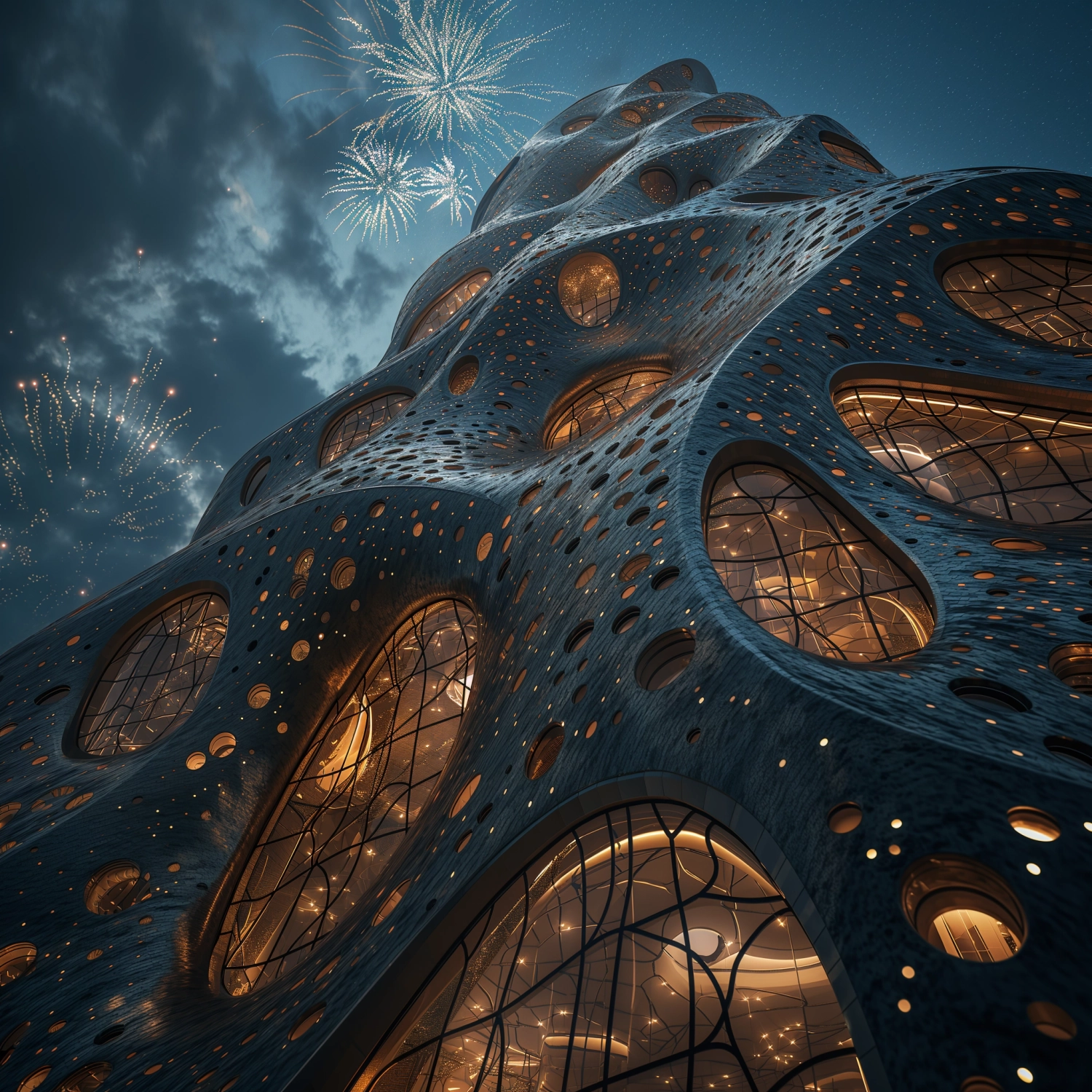 Cinematic shot of an organic fluid form tower facade, fireworks in sky