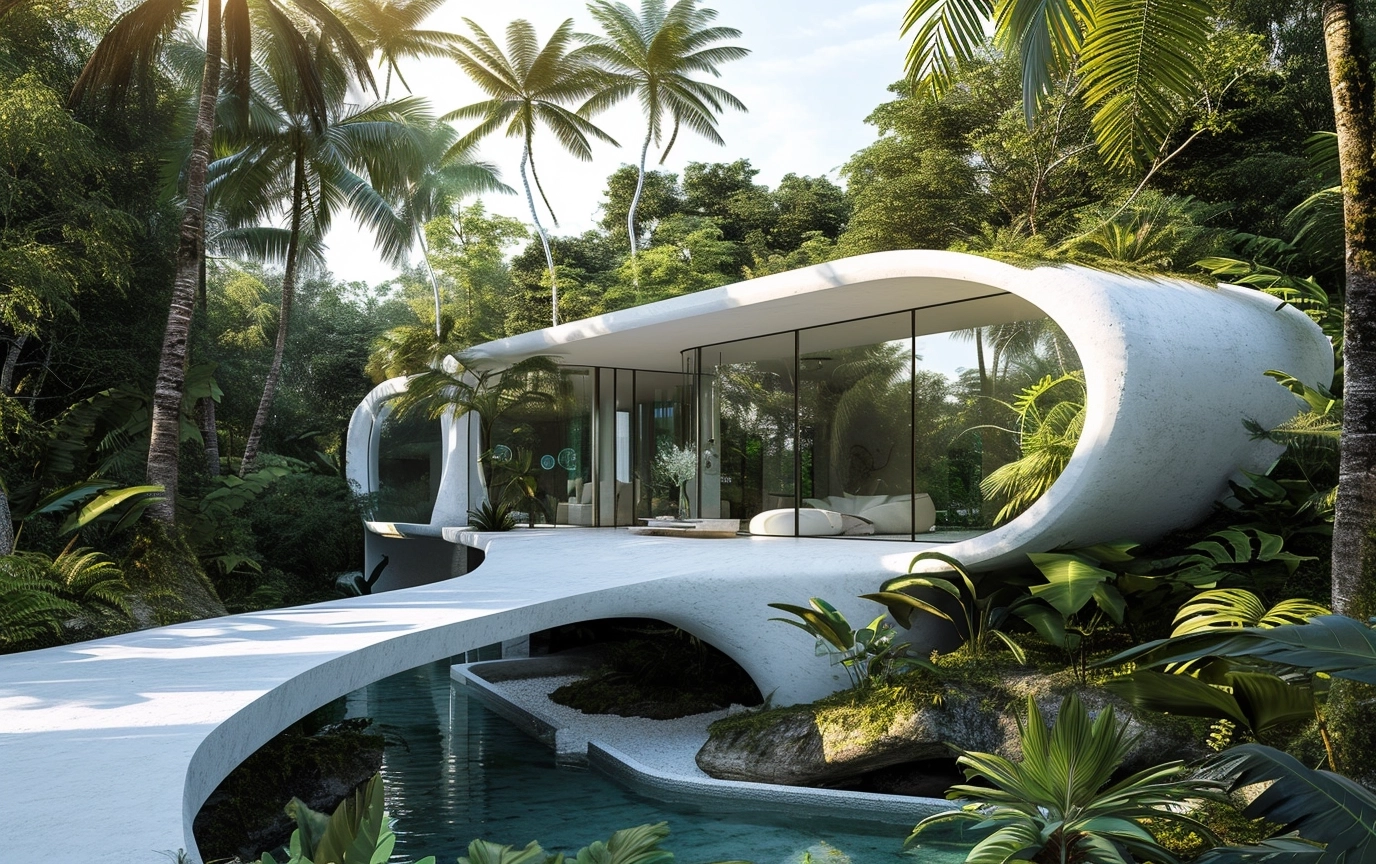 White beautiful steel tropical villa in Bali, beautiful tropical forest, sandy white beach, solarpunk, hyper realistic