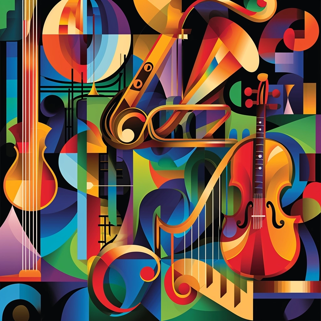 A colorful two-dimensional illustration representing music and the New Year, instruments and notes
