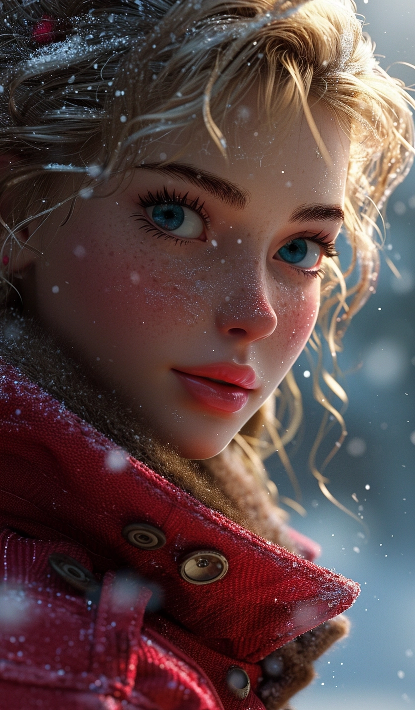 Barbie (Disney), Overhead perspective, Full Body Shot, Reaction Shot, snowing, wind, vivid colors, lively, quality, ultra highres, movement, (8k, RAW photo), from_below, sharp focus, (insanely detailed), highly detailed photo, photorealistic, hyperrealism, continuous angles, perfect composition, natural geometry, rule of thirds, centered, upright, looking past the camera, shiny eyes , sleepy face , analog film photo, mist and dust, cyberpunk scifi, galaxy