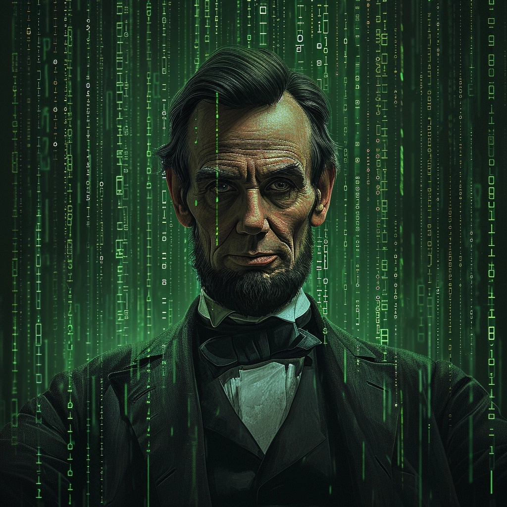 A graphic illustration of Abraham Lincoln, standing amidst a cascade of green binary code, resembling the matrix. Abraham's gaze is fixated on the falling numbers, evoking a sense of curiosity and intelligence. The background is a dark, digital world, glibatree prompt, hd quality, vivid style in aspect ratio 16:9.