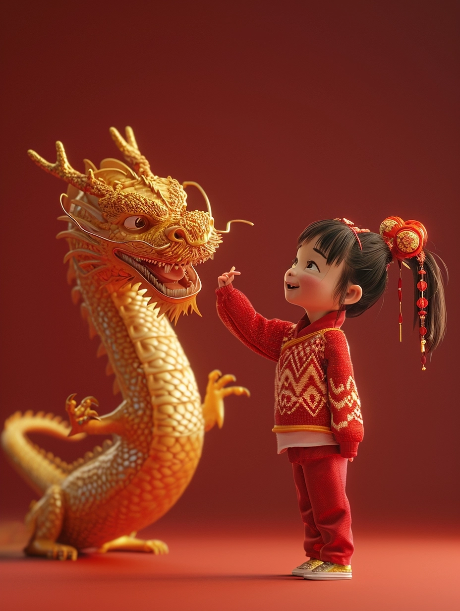 A little girl wearing a red sweater playing with a chinese dragon, front view, happy, playful, mischievous. full body, red and gold, red background, pixar style. 3d art, c4d, octane render