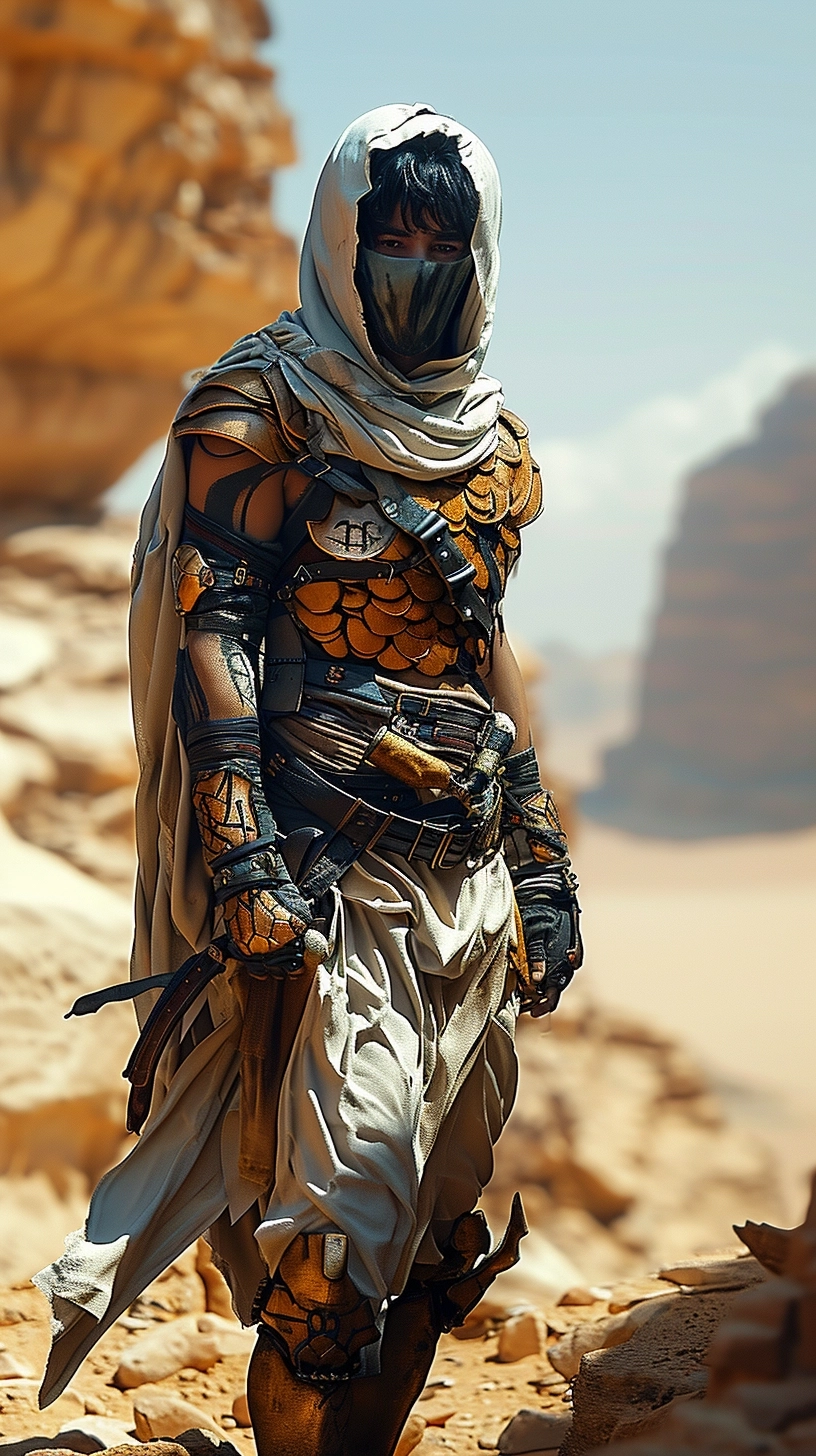 Dnd world, a male desert fighter, full insectoid scale armor, very muscled body, touareg masked face, young, 16 years, ritual tatoo, full insectoid scale armor, ultra realistic, photo, movie, 16k, hd