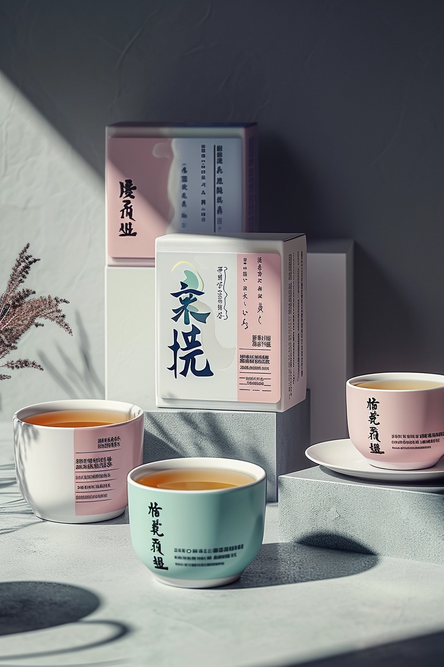 Packaging design, tea, kanji pattern, tea box, soft tonal tone-on-tone style, dynamic color gamut, organic flow, hazy, dark sky blue and light pink, organic sculpture, minimalist beauty,