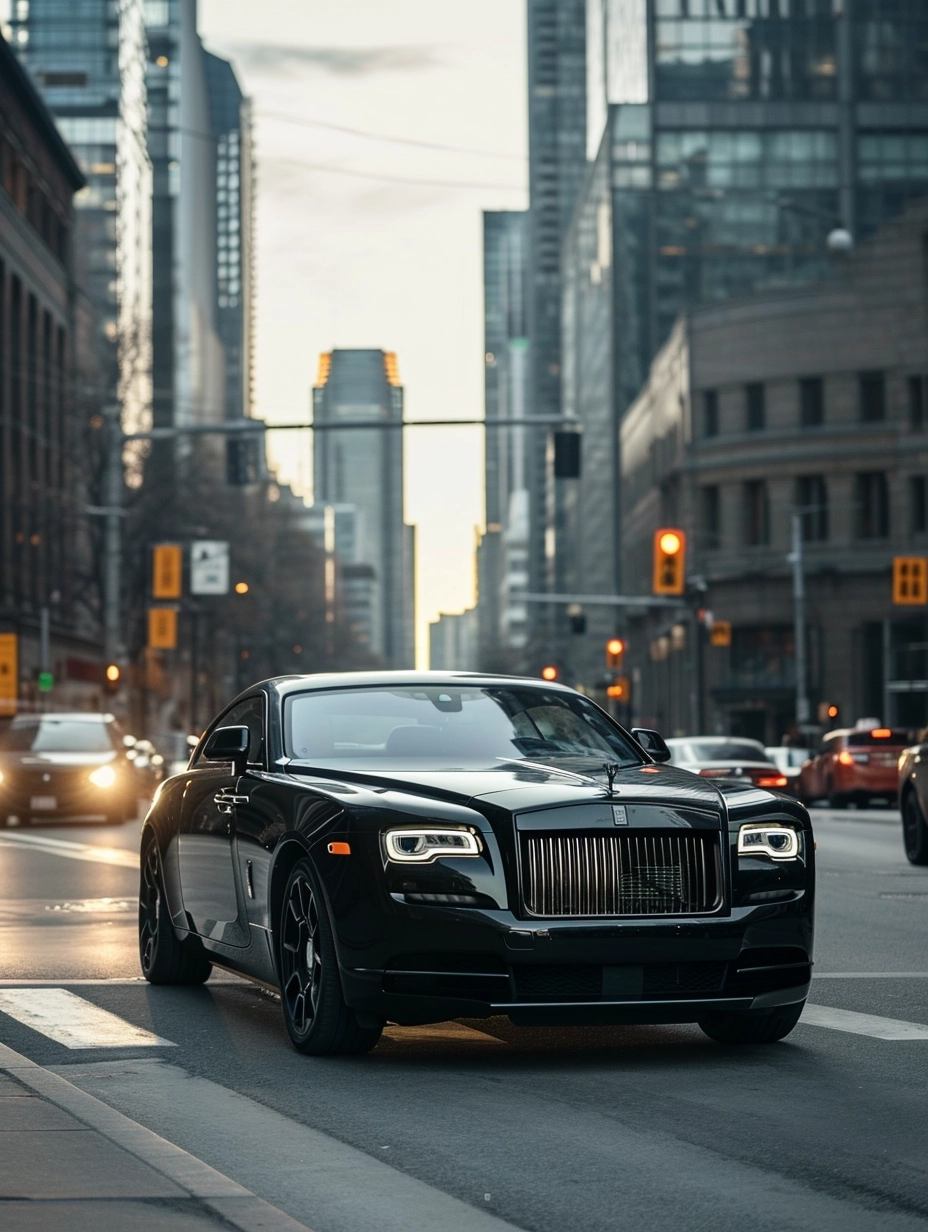 An image of a black Rolls-Royce on the streets of Toronto,no traffic light, showcasing elegance and luxury in an urban setting. Emphasizing the sophistication and grandeur of the Rolls-Royce within the cityscape