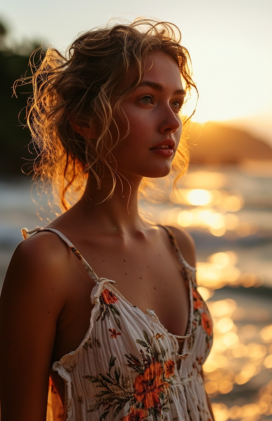 Medium wide shot. Beautiful woman on beach. Golden hour.