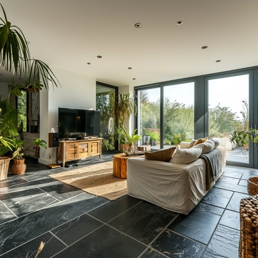 open plan living room with slate floors, big window, sliding doors onto a patio, tv in the corner of the room, with plants