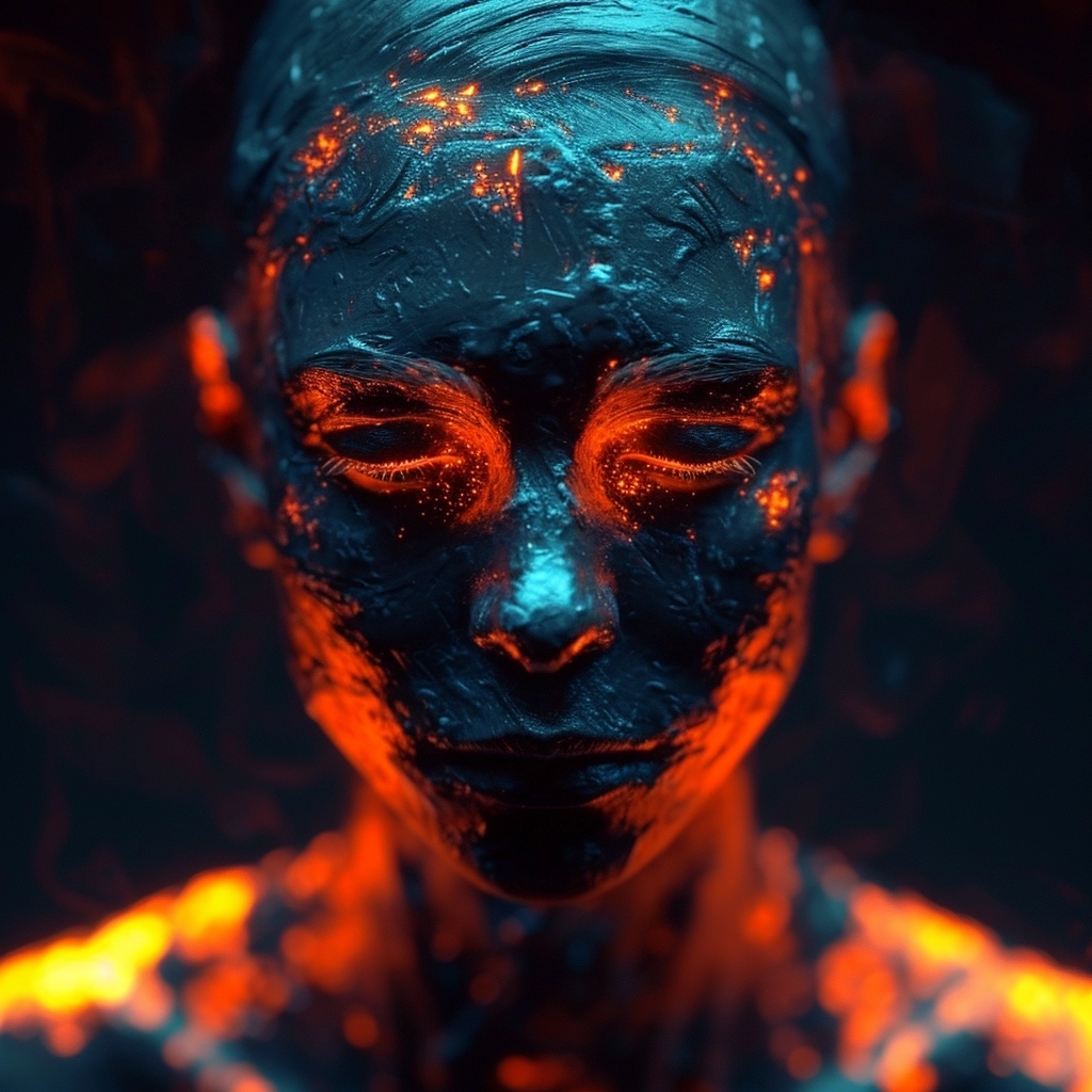 Frontal photo portrait of futuristic bioluminescent cybernetic god, glowing bioluminescence ✨, ethereal head and shoulders photo portrait, alien planet with orange horizon background, universe galaxy dark sky, gamma ray bursts, photography film grain