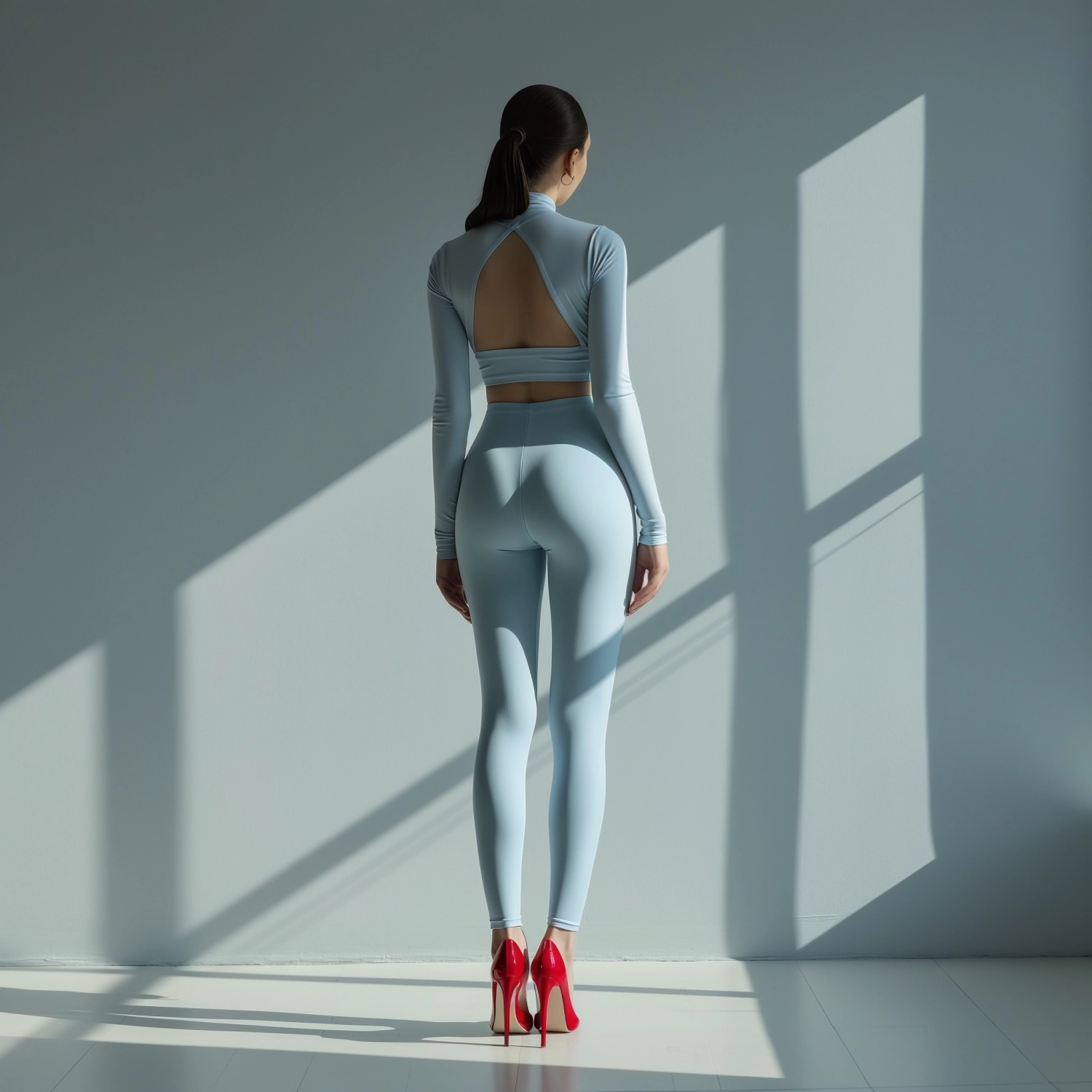 Back view of a trendy lady standing in light blue leggings and in red high heels in fashion studio