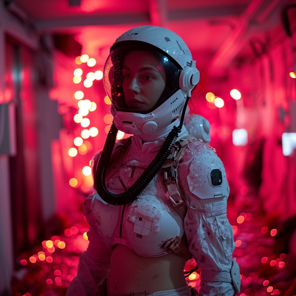 A humanoid alien covered in pink jelly, jumping,::1  by Leonardo glausso, a oled display reads "2024"::1
