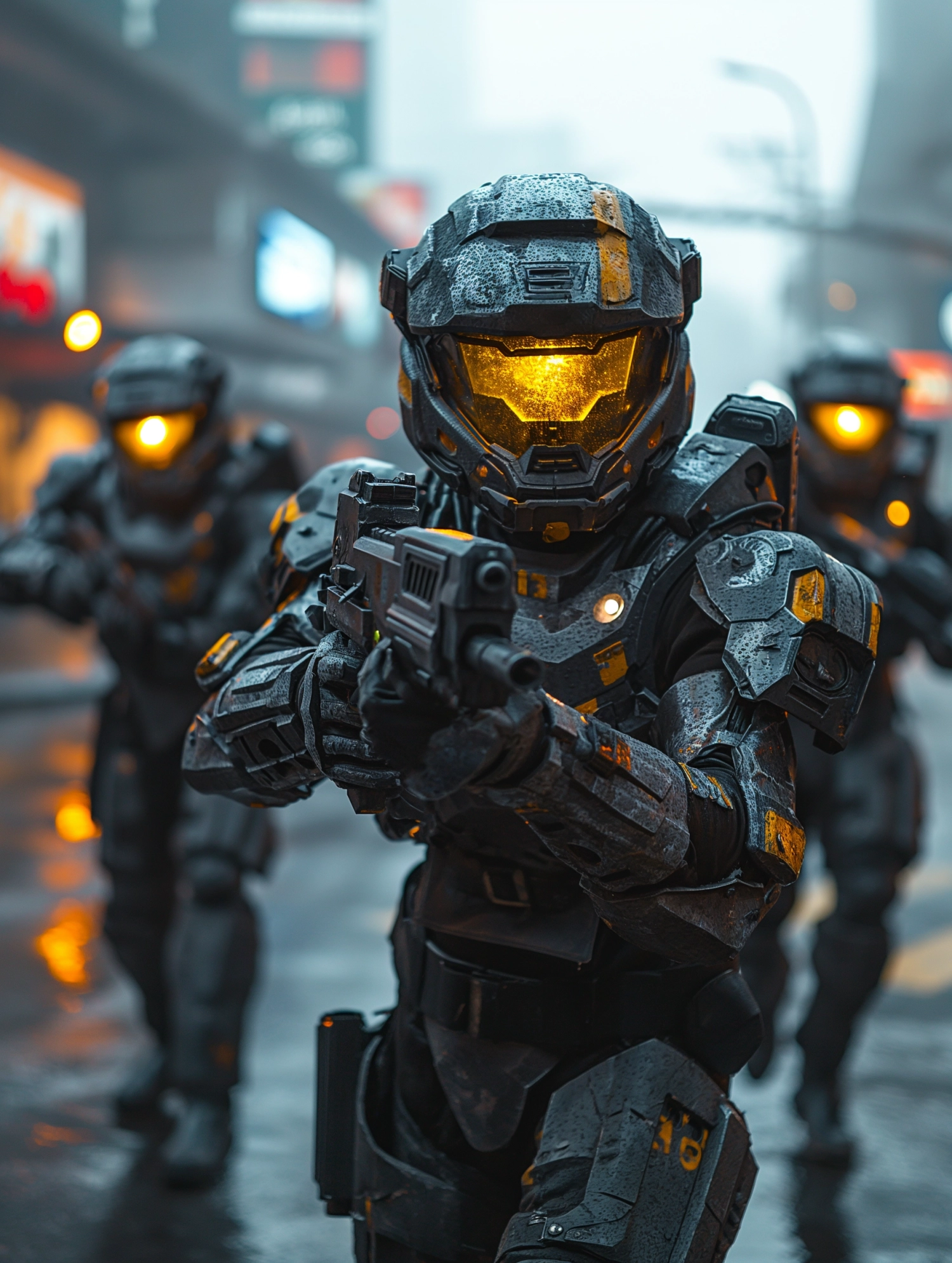 A three man squad ready to shoot with his gun, wearing a full cyberpunk armor in the middle of the street, cyberpunk style, Zoomed out, wide shot