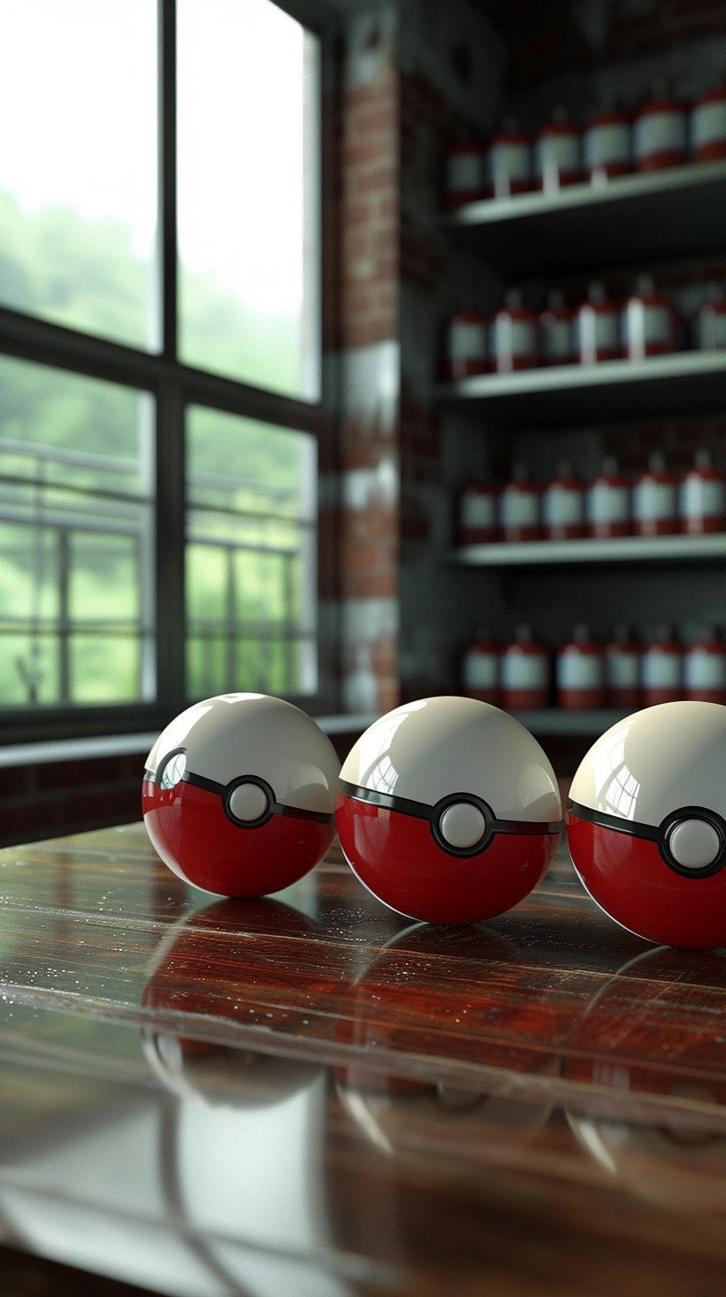 Three red and white Pokéballs in a line on a wooden table inside a professor's laboratory, ultra-realistic image, photorealism, reflective lighting