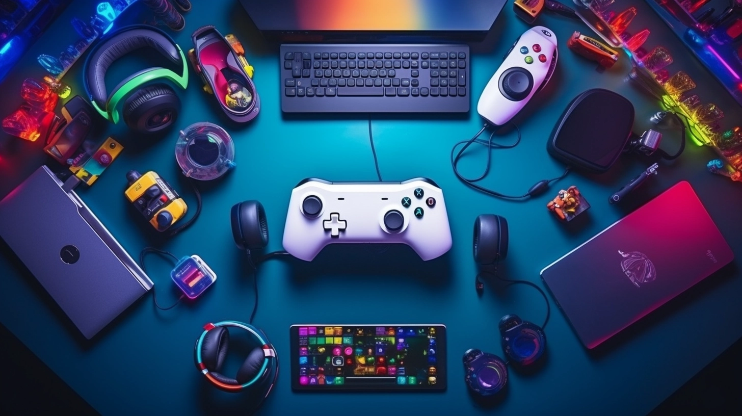 Gamer work space concept. gaming set up. top view of a gaming gear, keyboard, mouse, gamepad, joystick, headset and a smartphone on a colorful desk