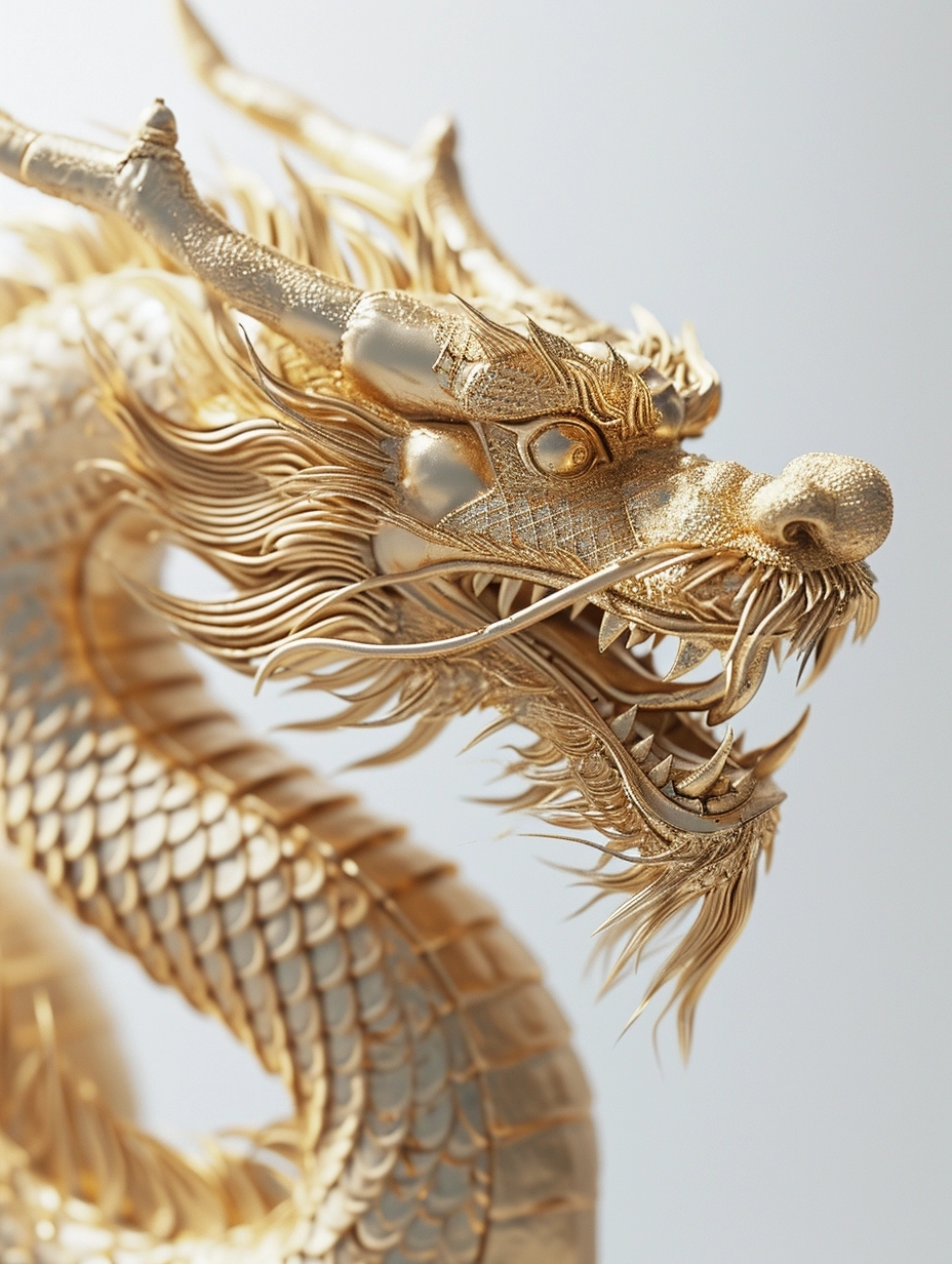 Close-up, Chinese New Year, auspicious Dragon theme, abstract minimalist dragon design, subtle gold on white, clear background, C4D OC render style, soft natural lighting, simple and elegant space.