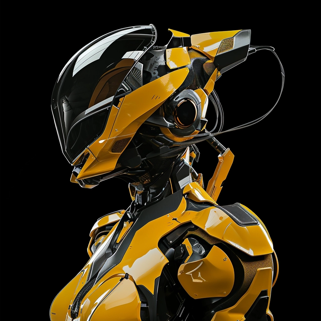 A yellow and black robotic female mecha cyborg with a racing helmet, gundam mecha style, plain black background, photo realistic, cinematic image