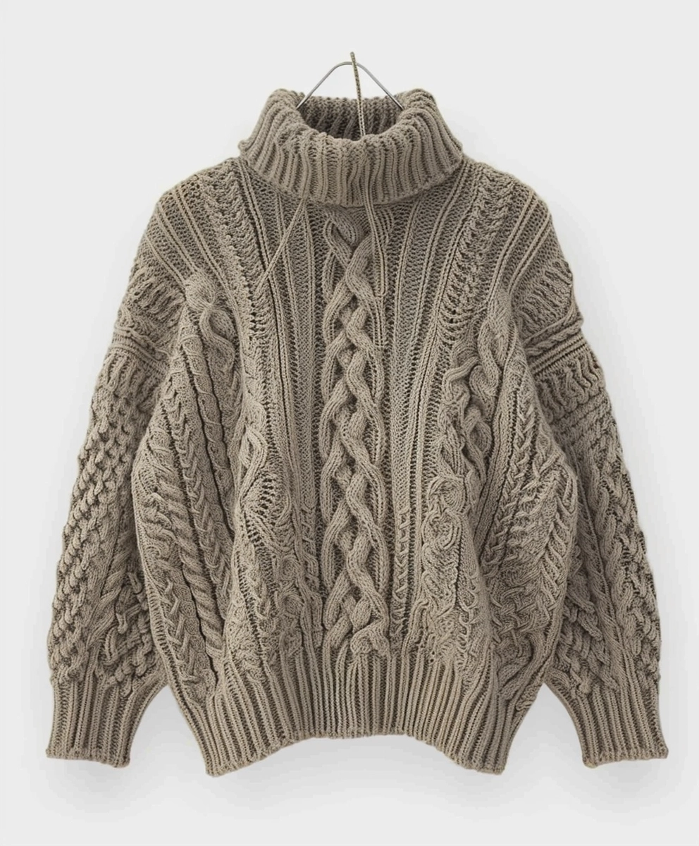 A sweater with cable knit texture, in the style of cold and detached atmosphere, dark beige, traditional techniques reimagined, hallyu, colab, light gray and light beige, 8k resolution