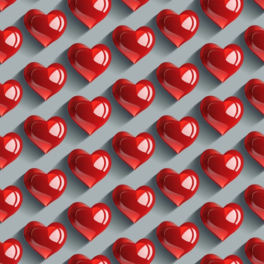 Repeating tile pattern of red volumetric equally spaced hearts on a gray background.