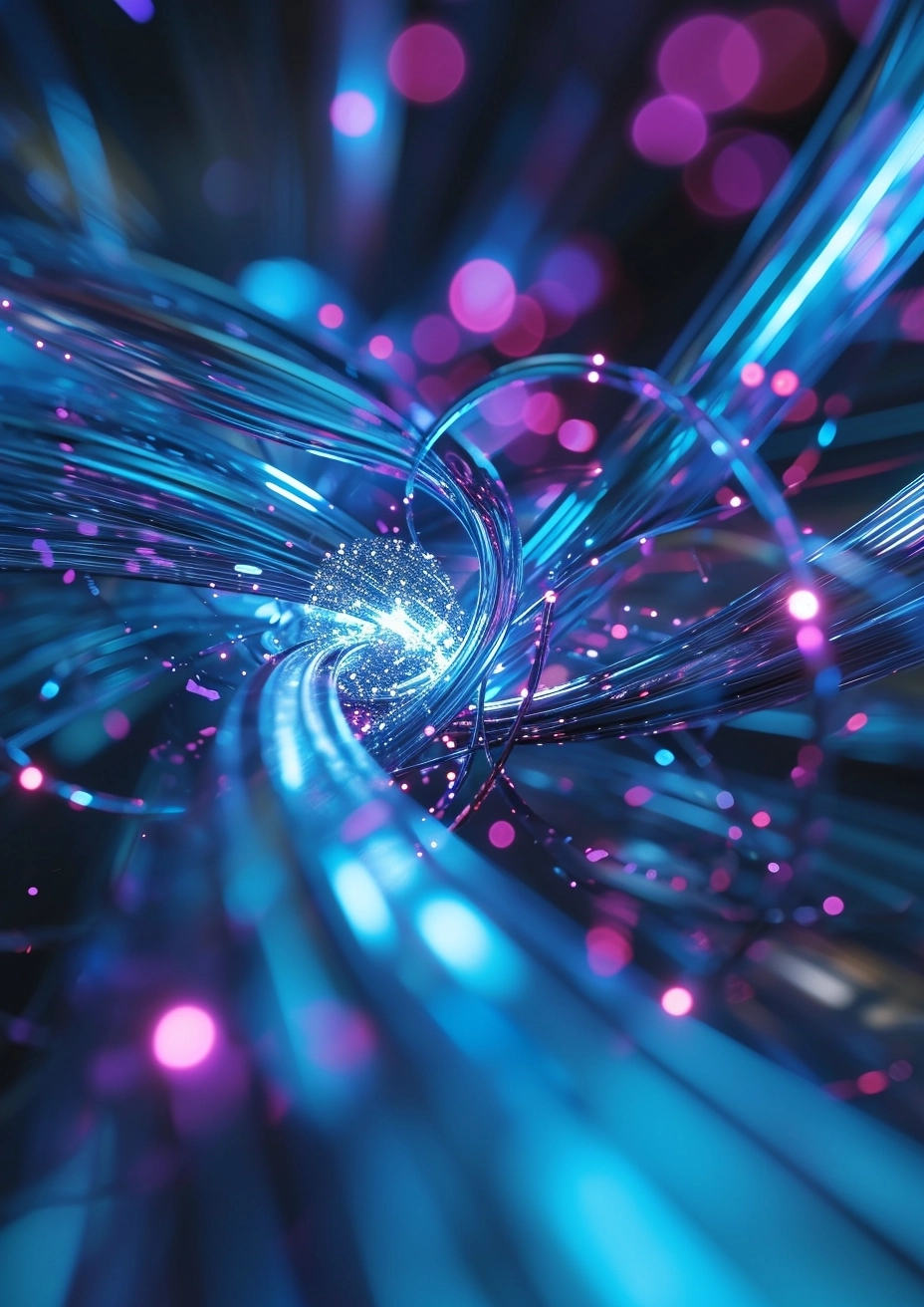 An abstract background with technology in it,an image of a atom bending through a dark space, transportcore, in the style of rollerwave,cloudcore ,dark blue and violet,soft focus lens,high speed sync,streamlined design, computer-aided manufacturing
