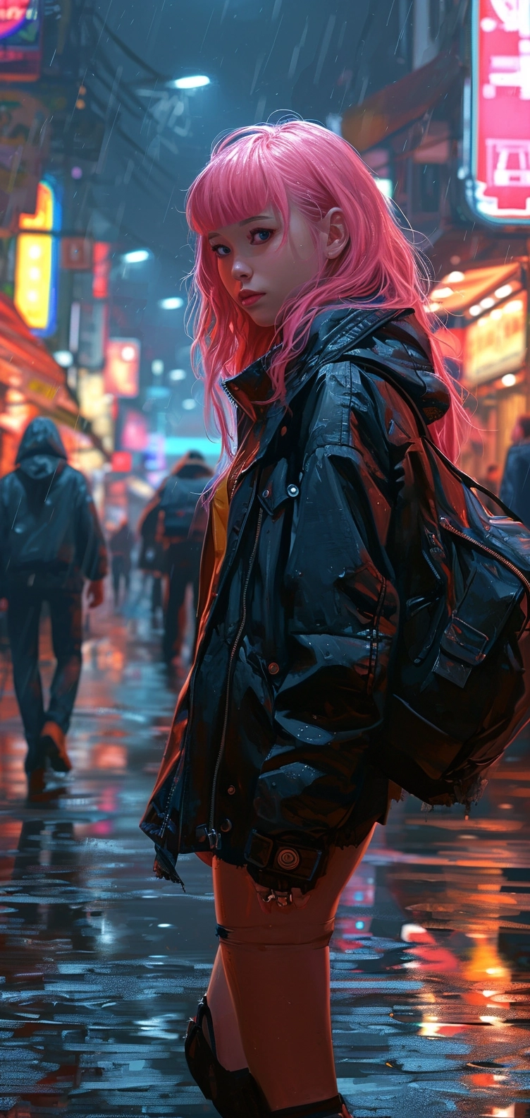 Zero two from the aime darling in the franxx portrait, full body, cyberpunk city neon background, hand drawn anime style,