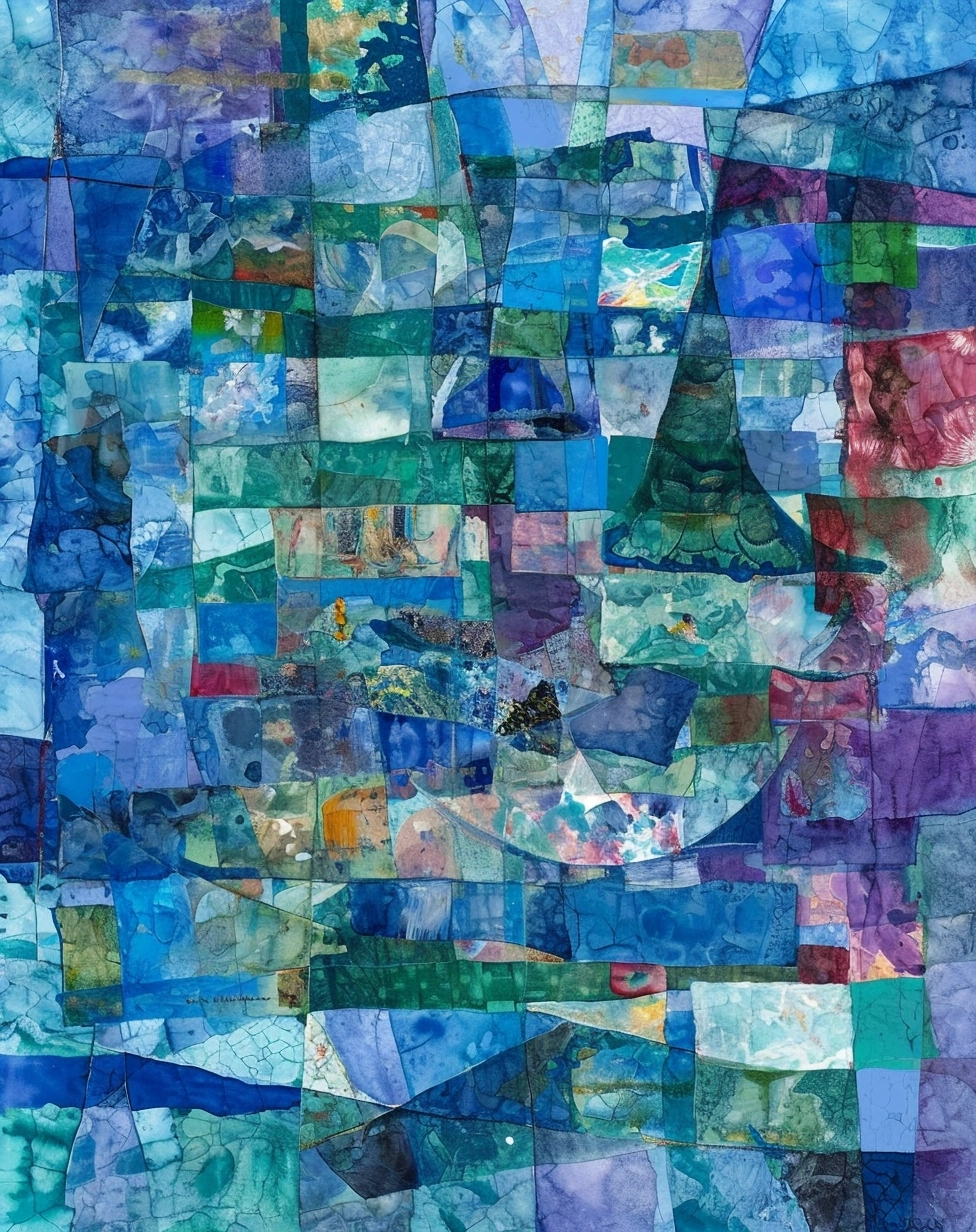A complex elaborate unbelievably detailed very colorful jewel toned abstract mosaic watercolor and wax painting with clean smooth brushstrokes and clear bold lines with many layers and details and patterns by Renoir, Frieseke, and Matisse with primarily sky blue, cobalt, navy blue, light blue, purple, light green, emerald green, forest green, rose, and teal